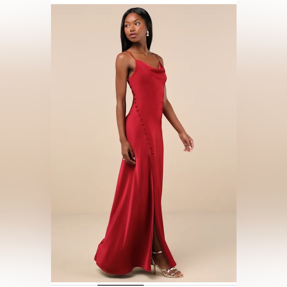 Lulu's Wine Satin Maxi Slip Dress with Side Button Detail